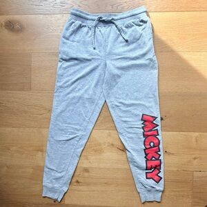 Disney Mickey Mouse Heather Gray Joggers Red/Black Vertical Leg Logo Small EUC